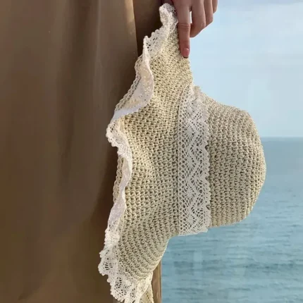 Elegant Beige/Khaki Straw Hat With Lace Lanyard Wide Brim Ruffle Sun Hats Breathable Travel Beach Hats For Women Girls Summer Outdoor Holiday 2025 - U - Image 6