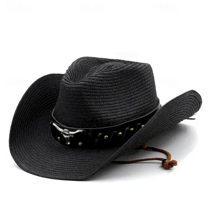 Men's Straw Hat Sun Hat Cowboy Hat Fedora Trilby Hat Black White Straw Rope Vintage Style Fashion 18th Century State of Texas Daily Theme Party Solid - Image 3