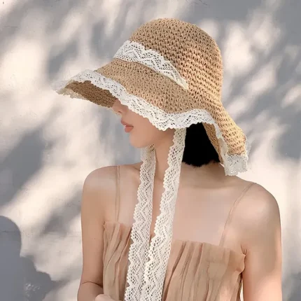 Elegant Beige/Khaki Straw Hat With Lace Lanyard Wide Brim Ruffle Sun Hats Breathable Travel Beach Hats For Women Girls Summer Outdoor Holiday 2025 - U - Image 4