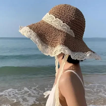 Elegant Beige/Khaki Straw Hat With Lace Lanyard Wide Brim Ruffle Sun Hats Breathable Travel Beach Hats For Women Girls Summer Outdoor Holiday 2025 - U - Image 3