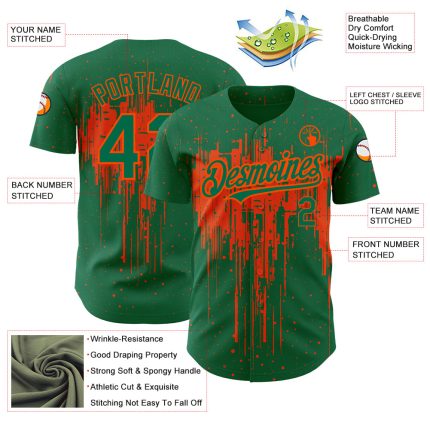Custom Kelly Green Orange 3D Pattern Design Dripping Splatter Art Authentic Baseball Jersey - Image 3