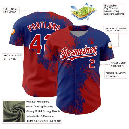 Custom Royal Red-White 3D Pattern Design Abstract Brush Stroke Authentic Baseball Jersey - Image 3