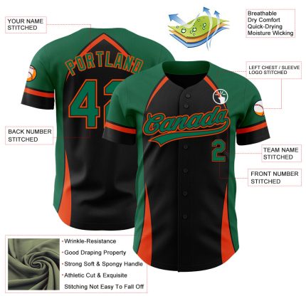 Custom Black Kelly Green-Orange 3D Pattern Design Curve Solid Authentic Baseball Jersey - Image 3