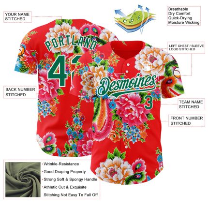 Custom Red Kelly Green-White 3D Pattern Design Northeast China Big Flower Authentic Baseball Jersey - Image 3