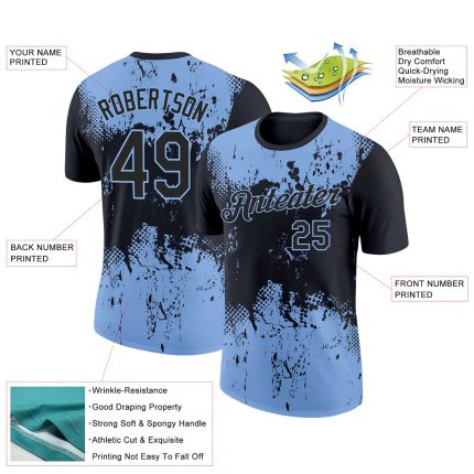 Custom Black Light Blue 3D Pattern Design Dripping Splatter Art Performance T-Shirt - Image 2
