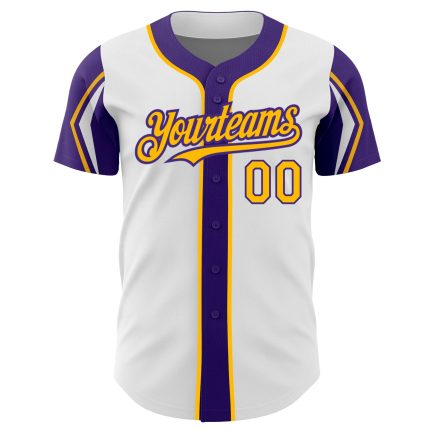 Custom White Gold-Purple 3 Colors Arm Shapes Authentic Baseball Jersey - Image 3