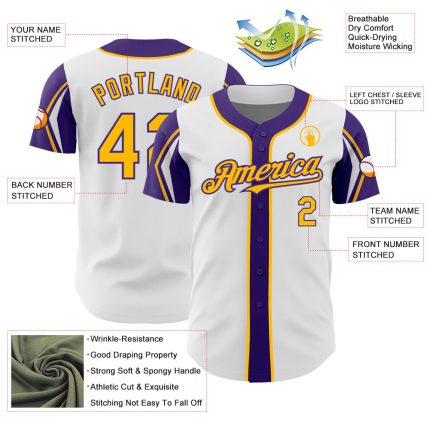Custom White Gold-Purple 3 Colors Arm Shapes Authentic Baseball Jersey - Image 4