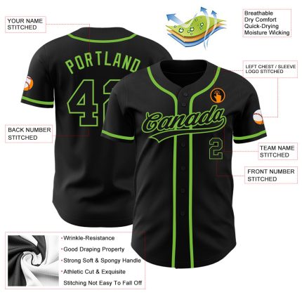 Custom Black Black-Neon Green Authentic Baseball Jersey - Image 3