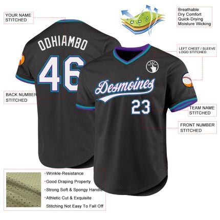 Custom Black Purple-Teal Authentic Throwback Baseball Jersey - Image 3