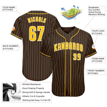 Custom Brown White Pinstripe Gold-White Authentic Baseball Jersey - Image 3