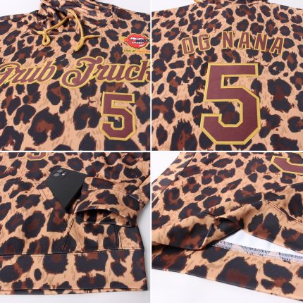 Custom Stitched Brown Brown-Old Gold 3D Pattern Design Leopard Sports Pullover Sweatshirt Hoodie - Image 5