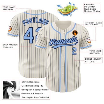 Custom Cream Navy Pinstripe Light Blue Authentic Baseball Jersey - Image 3