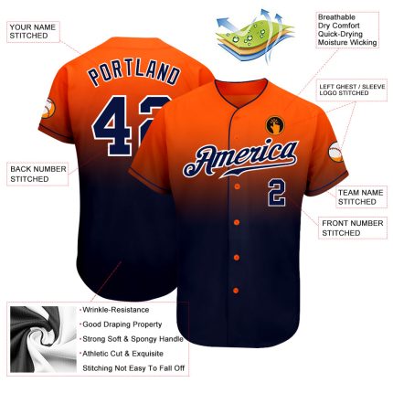 Custom Orange Navy-White Authentic Fade Fashion Baseball Jersey - Image 3