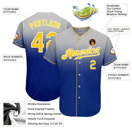 Custom Gray Gold-Royal Authentic Fade Fashion Baseball Jersey - Image 3