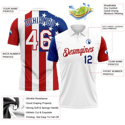 Custom White Red-Royal 3D American Flag Performance Golf Polo Shirt - Image 3