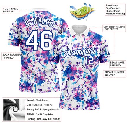 Custom Graffiti Pattern White-Royal 3D Abstract Watercolor Performance Golf Polo Shirt - Image 3