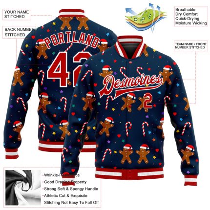Custom Navy Red-White Christmas 3D Bomber Full-Snap Varsity Letterman Jacket - Image 3