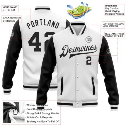 Custom White Black Bomber Full-Snap Varsity Letterman Two Tone Jacket - Image 3