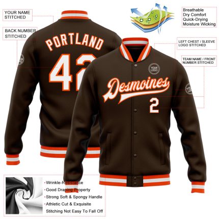 Custom Brown White-Orange Bomber Full-Snap Varsity Letterman Jacket - Image 3
