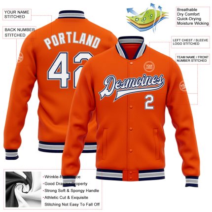 Custom Orange White Navy-Gray Bomber Full-Snap Varsity Letterman Jacket - Image 3