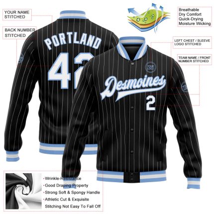 Custom Black White Pinstripe Light Blue Bomber Full-Snap Varsity Letterman Jacket - Image 3