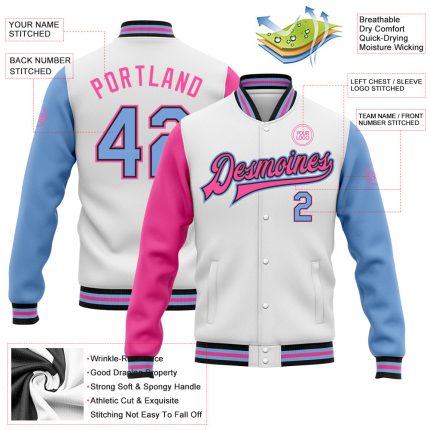 Custom White Light Blue Black-Pink Bomber Full-Snap Varsity Letterman Two Tone Jacket - Image 3