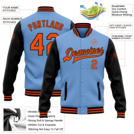 Custom Light Blue Orange-Black Bomber Full-Snap Varsity Letterman Two Tone Jacket - Image 3