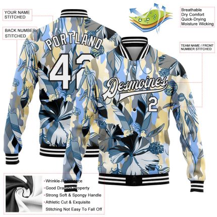 Custom Camo White-Black Boho Style 3D Pattern Design Bomber Full-Snap Varsity Letterman Salute To Service Jacket - Image 3