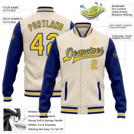 Custom Cream Yellow-Royal Bomber Full-Snap Varsity Letterman Two Tone Jacket - Image 3