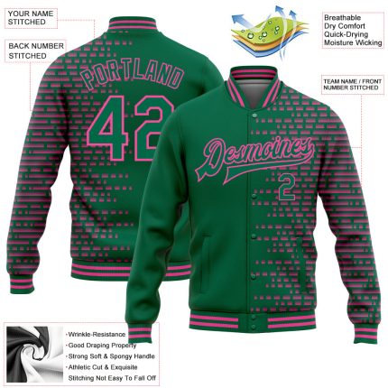 Custom Kelly Green Pink Halftone 3D Pattern Design Bomber Full-Snap Varsity Letterman Jacket - Image 3