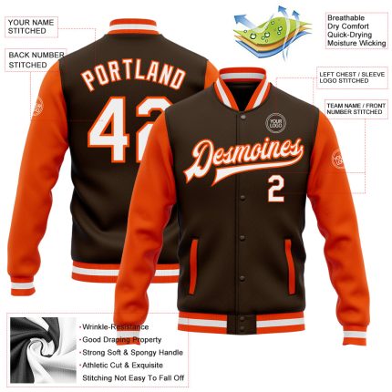 Custom Brown White-Orange Bomber Full-Snap Varsity Letterman Two Tone Jacket - Image 3