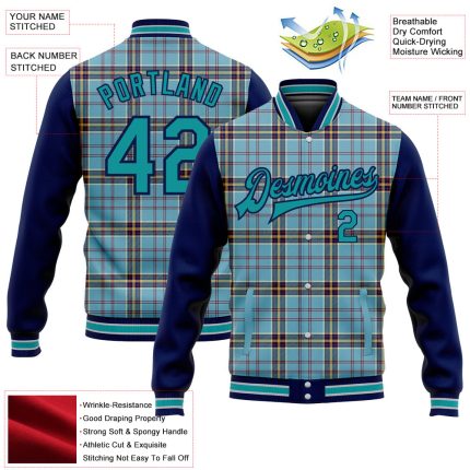 Custom Shadow Blue Teal Navy-Gray Classic Western Plaid 3D Pattern Design Bomber Full-Snap Varsity Letterman Jacket - Image 5