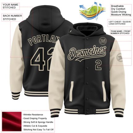 Custom Black Cream Bomber Full-Snap Varsity Letterman Two Tone Hoodie Jacket - Image 3