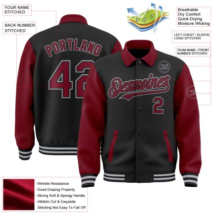 Custom Black Crimson-Gray Bomber Full-Snap Varsity Letterman Two Tone Lapel Collar Byron Jacket - Image 3