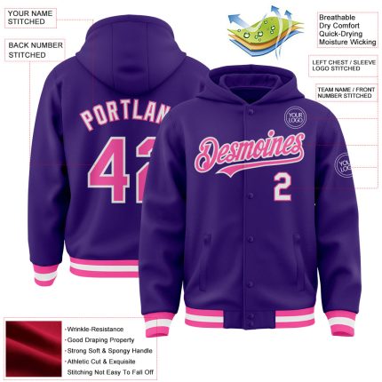 Custom Purple Pink-White Bomber Full-Snap Varsity Letterman Hoodie Jacket - Image 3