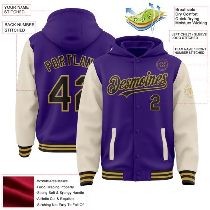 Custom Purple Black Cream-Old Gold Bomber Full-Snap Varsity Letterman Two Tone Hoodie Jacket - Image 3