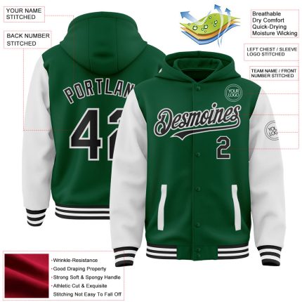 Custom Kelly Green Black-White Bomber Full-Snap Varsity Letterman Two Tone Hoodie Jacket - Image 3