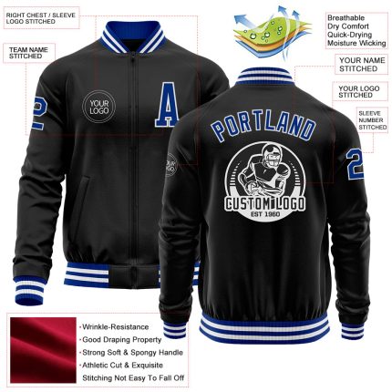 Custom Black Royal-White Bomber Varsity Letterman Zipper Jacket - Image 3