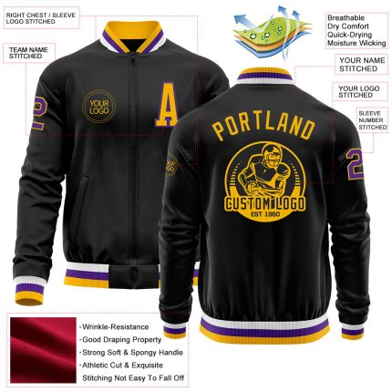 Custom Black Gold-Purple Bomber Varsity Letterman Zipper Jacket - Image 3