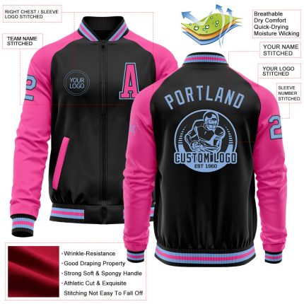 Custom Black Light Blue-Pink Bomber Varsity Letterman Two Tone Zipper Jacket - Image 3