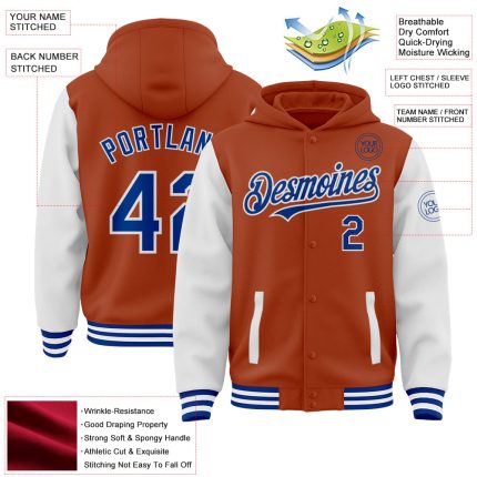 Custom Texas Orange Royal-White Bomber Full-Snap Varsity Letterman Two Tone Hoodie Jacket - Image 3