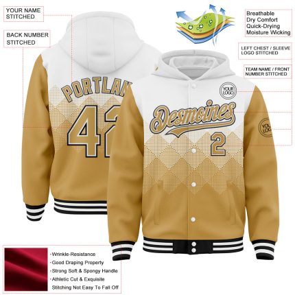 Custom White Old Gold-Black Gradient Square Shape 3D Pattern Design Bomber Full-Snap Varsity Letterman Hoodie Jacket - Image 3