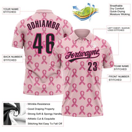 Custom Pink Black 3D Pink Ribbon Breast Cancer Awareness Month Women Health Care Support Performance Polo Shirt - Image 3