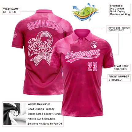 Custom Hot Pink Pink-White 3D Pink Ribbon Breast Cancer Awareness Month Women Health Care Support Performance Polo Shirt - Image 3