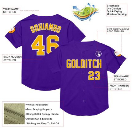 Custom Purple Gold-White Mesh Authentic Throwback Baseball Jersey - Image 3